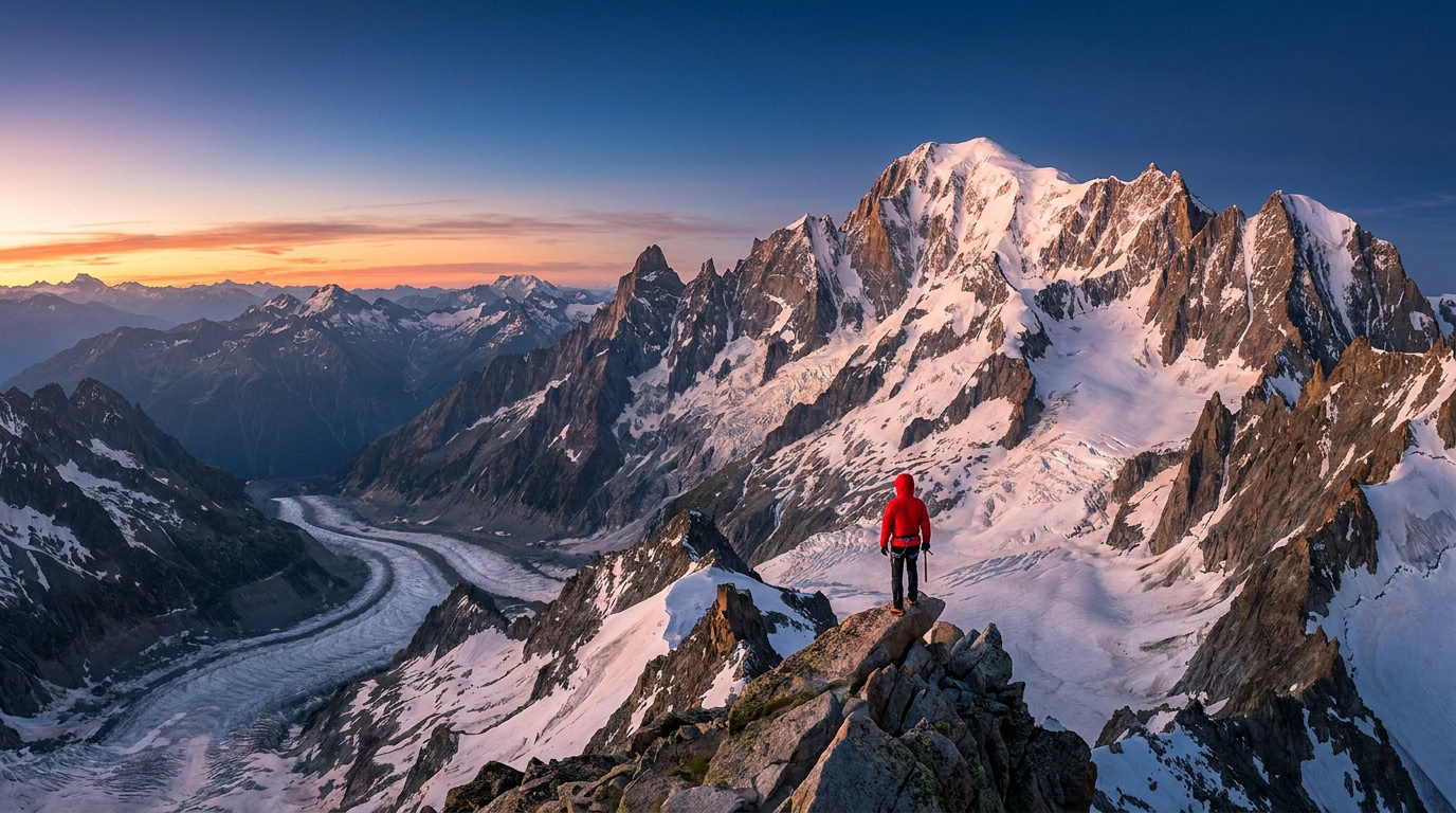 Alpiniste en rouge sur un pic rocheux face au Mont Blanc enneigé et un glacier sinueux, sous un ciel de lever de soleil.