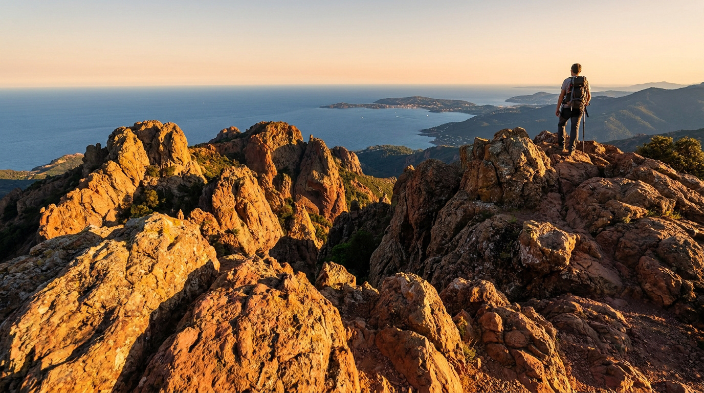Randonneur au sommet du pic du Cap Roux, admirant un vaste panorama de roches rouges, la mer Méditerranée et la côte au lever/coucher du soleil.
