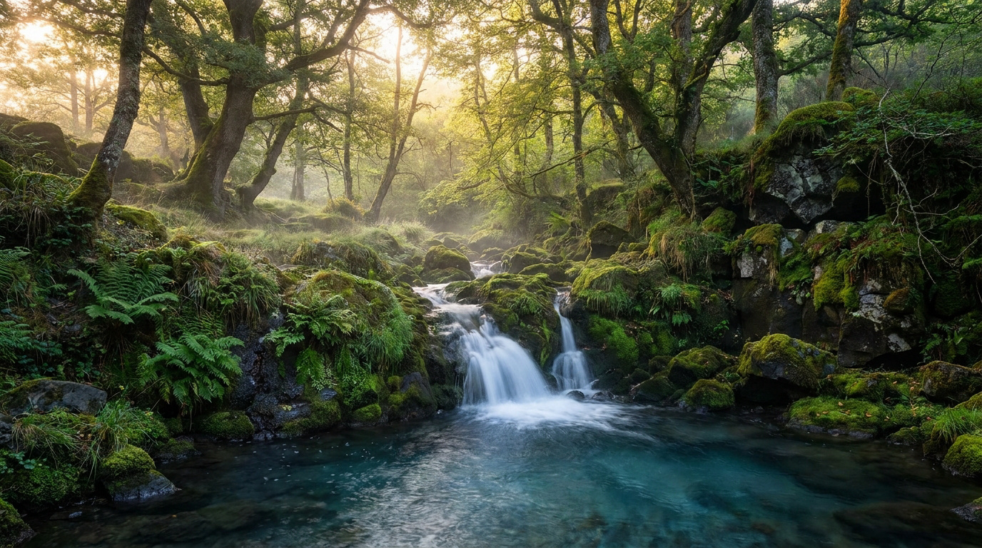 Cascade ruisselant sur des rochers moussus au milieu d'une forêt luxuriante sous une lumière dorée.