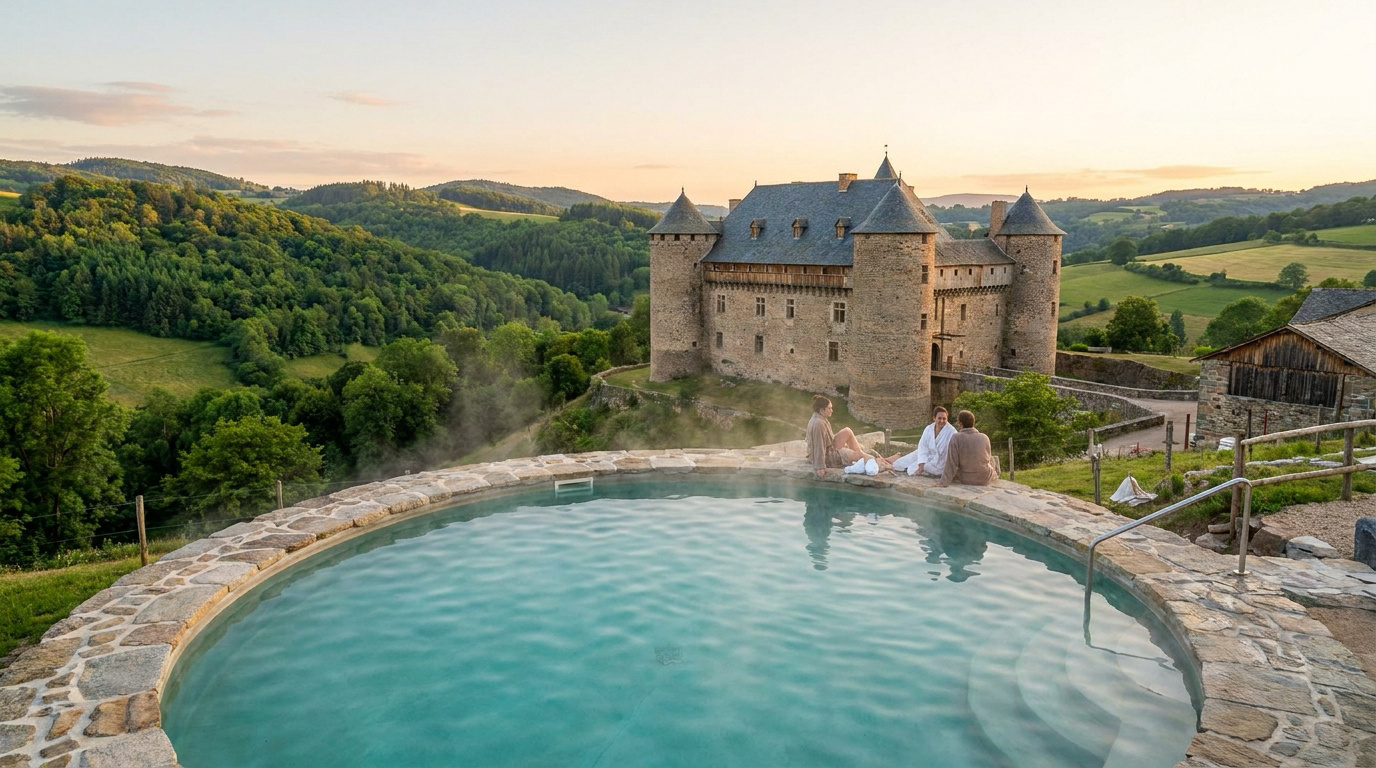 Trois personnes en peignoirs se relaxent au bord d'une piscine extérieure chauffée avec vue sur un château médiéval.
