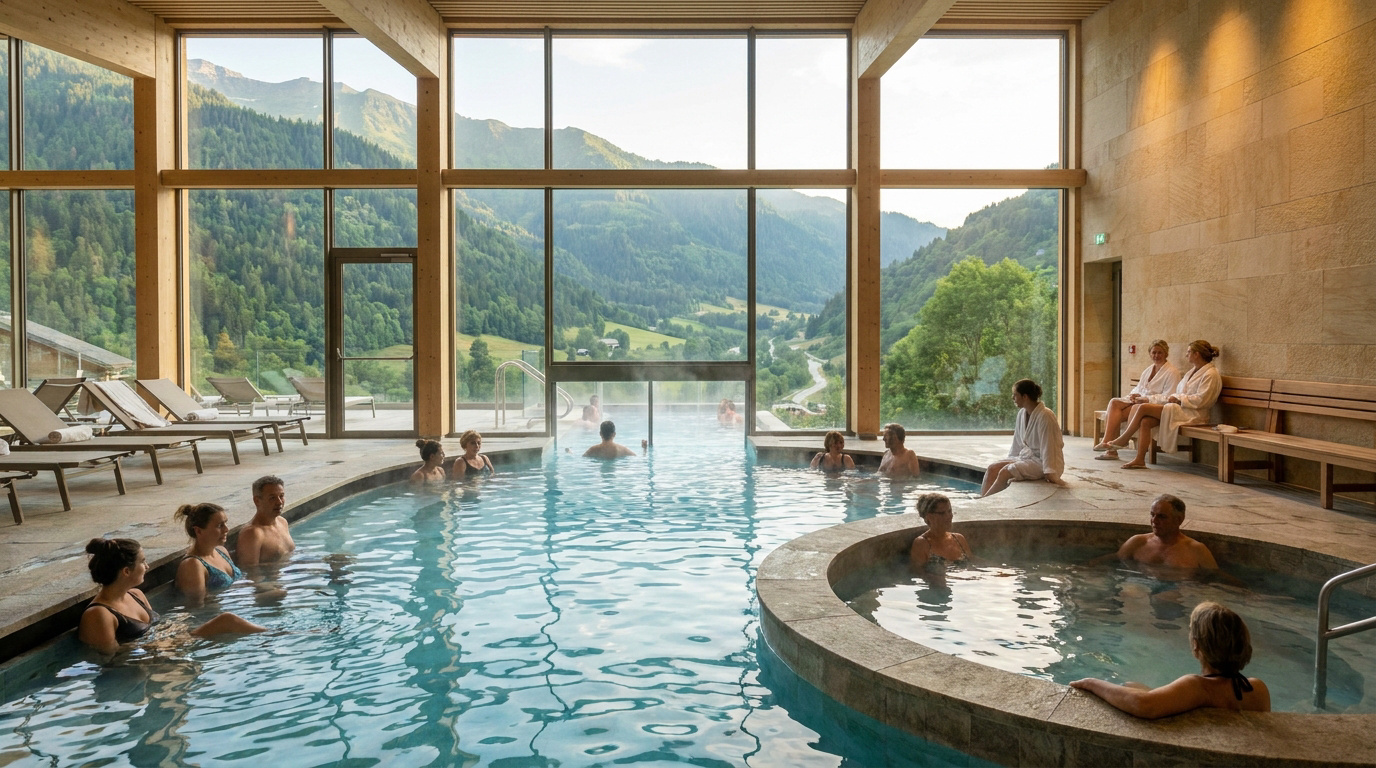 Piscine thermale intérieure avec vue panoramique sur les montagnes de Savoie et des curistes se relaxant.