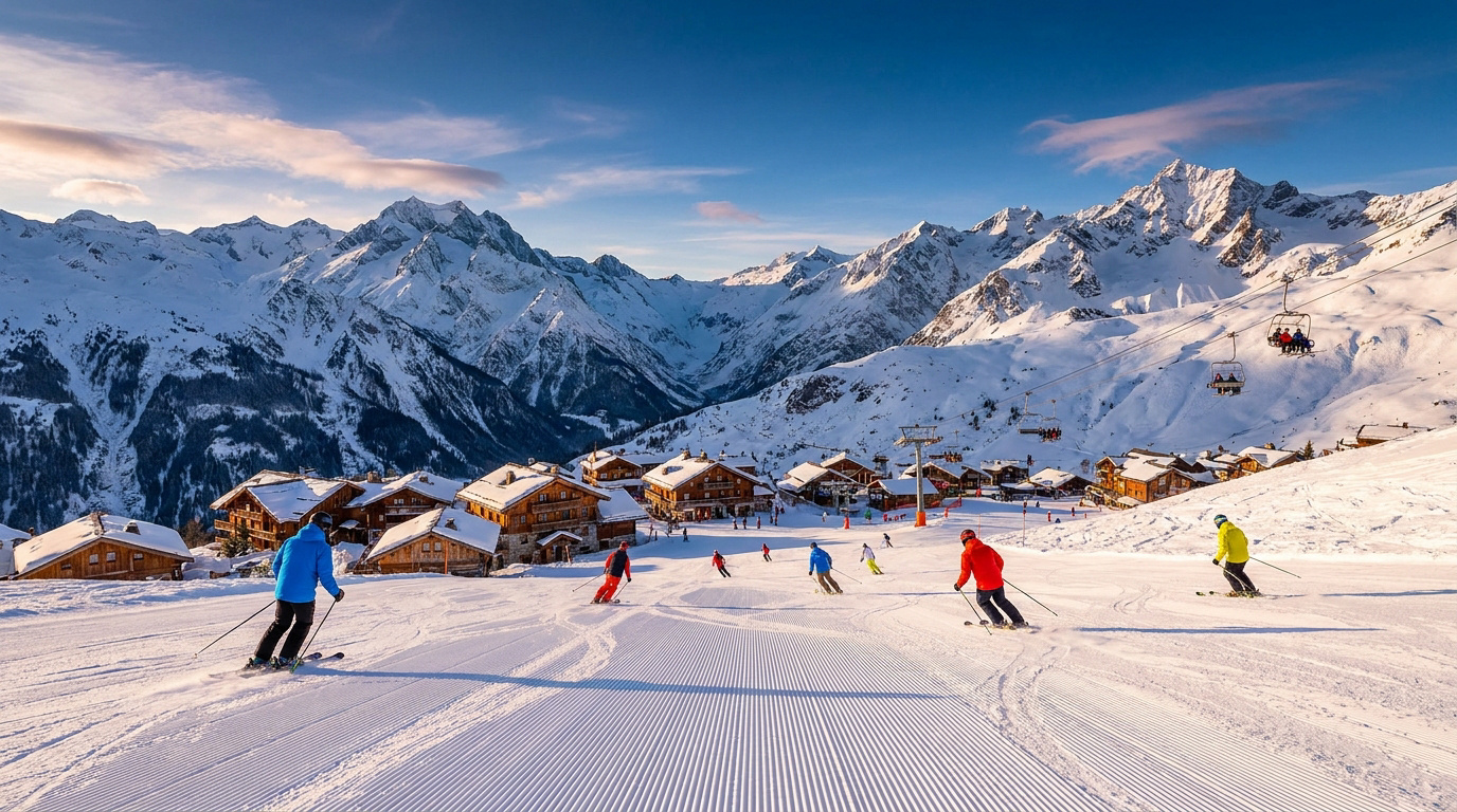 Vue panoramique d'une station de ski alpine avec des skieurs sur une piste damée, des chalets et des montagnes enneigées sous un ciel bleu.