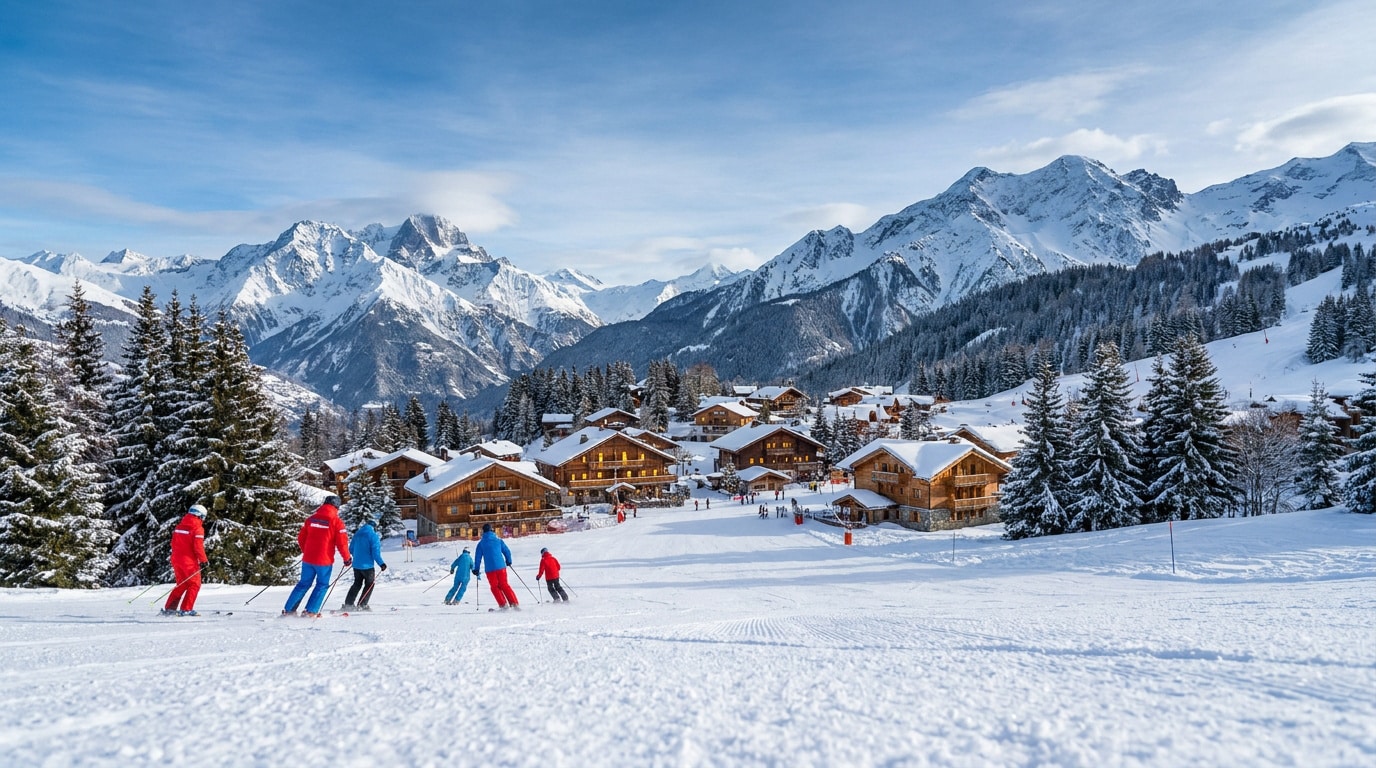 Groupe de skieurs sur une piste enneigée face aux chalets en bois de Peisey-Vallandry et aux sommets alpins.