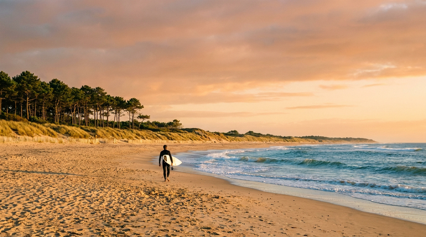 Un surfeur en combinaison avec sa planche marche sur une plage dorée au coucher de soleil, avec des dunes boisées et l'océan.