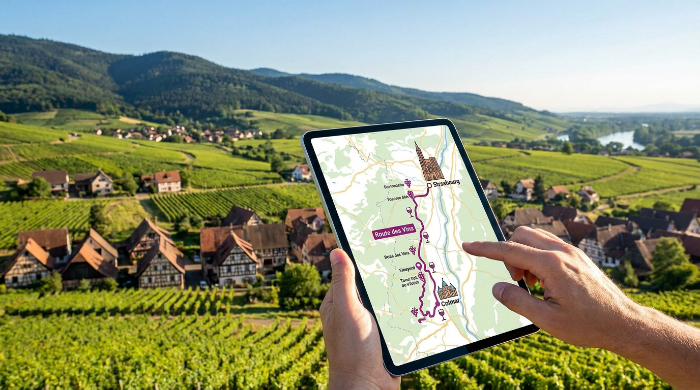 Main tenant une tablette affichant la Route des Vins d'Alsace sur une carte interactive, avec vignobles et villages en arrière-plan.