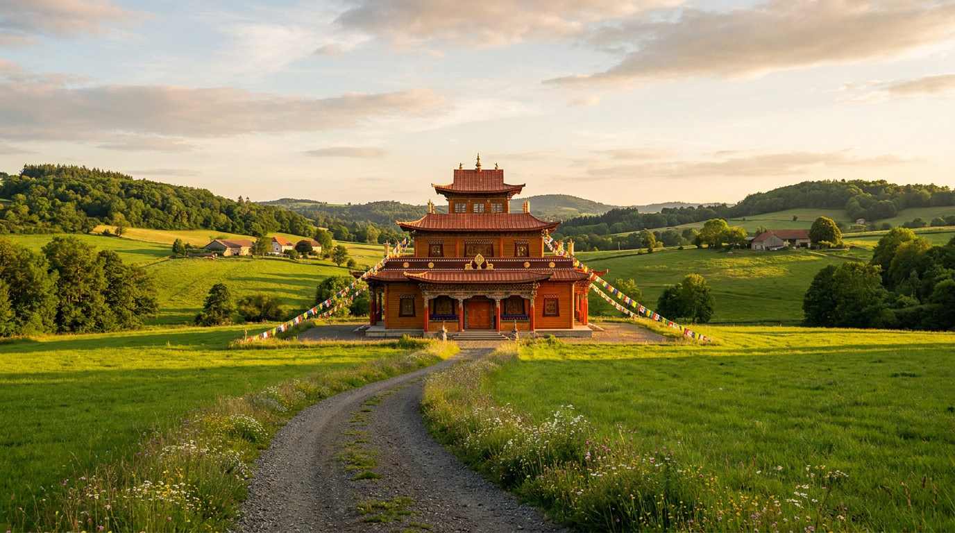 Temple bouddhiste en bois traditionnel entouré de prairies verdoyantes et de collines sous un ciel au coucher du soleil.