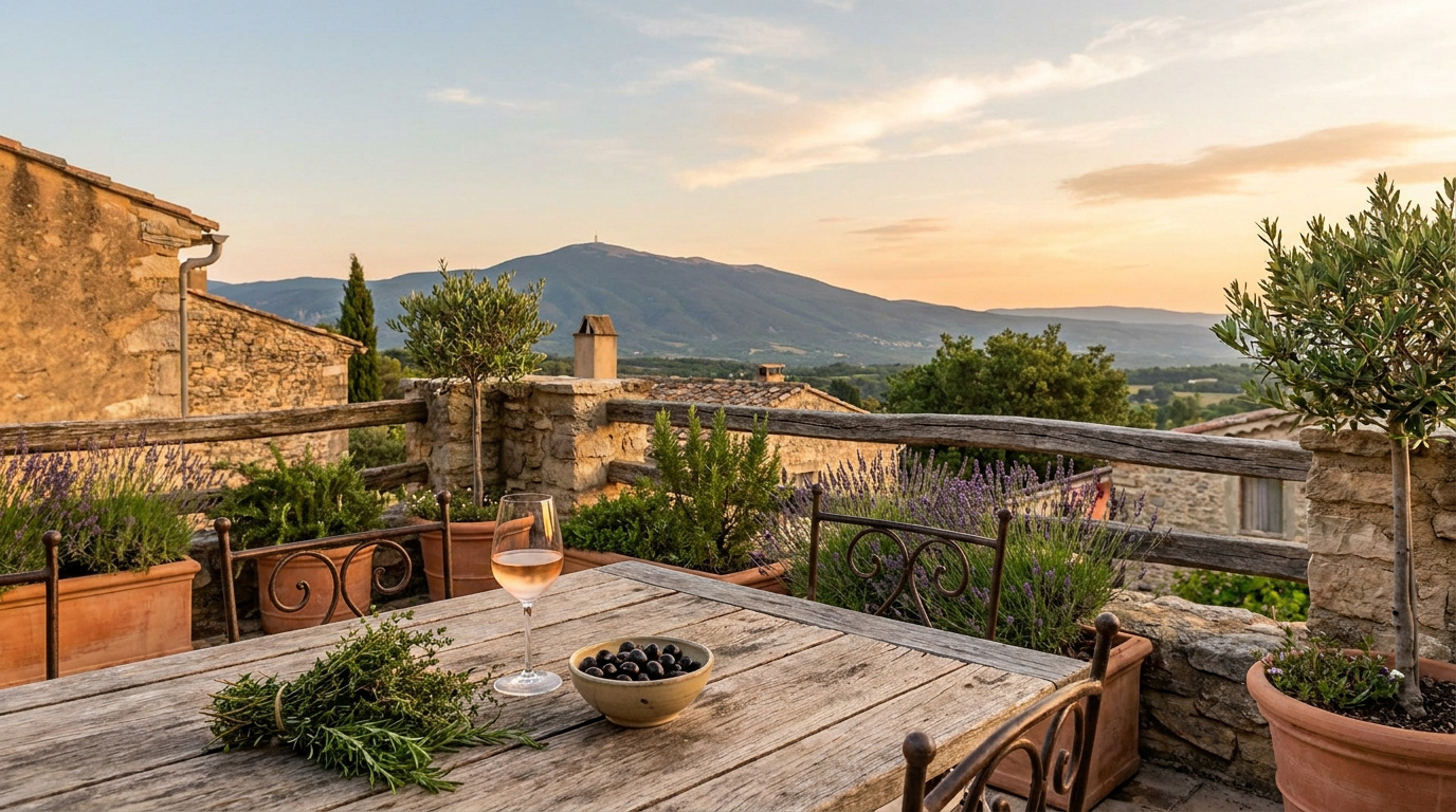 Terrasse provençale avec table en bois, verre de rosé, olives et herbes, face au Mont Ventoux au coucher du soleil.