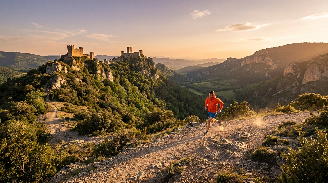 Un coureur sur un sentier rocailleux, des châteaux médiévaux sur des collines et des vallées verdoyantes baignées de lumière dorée.