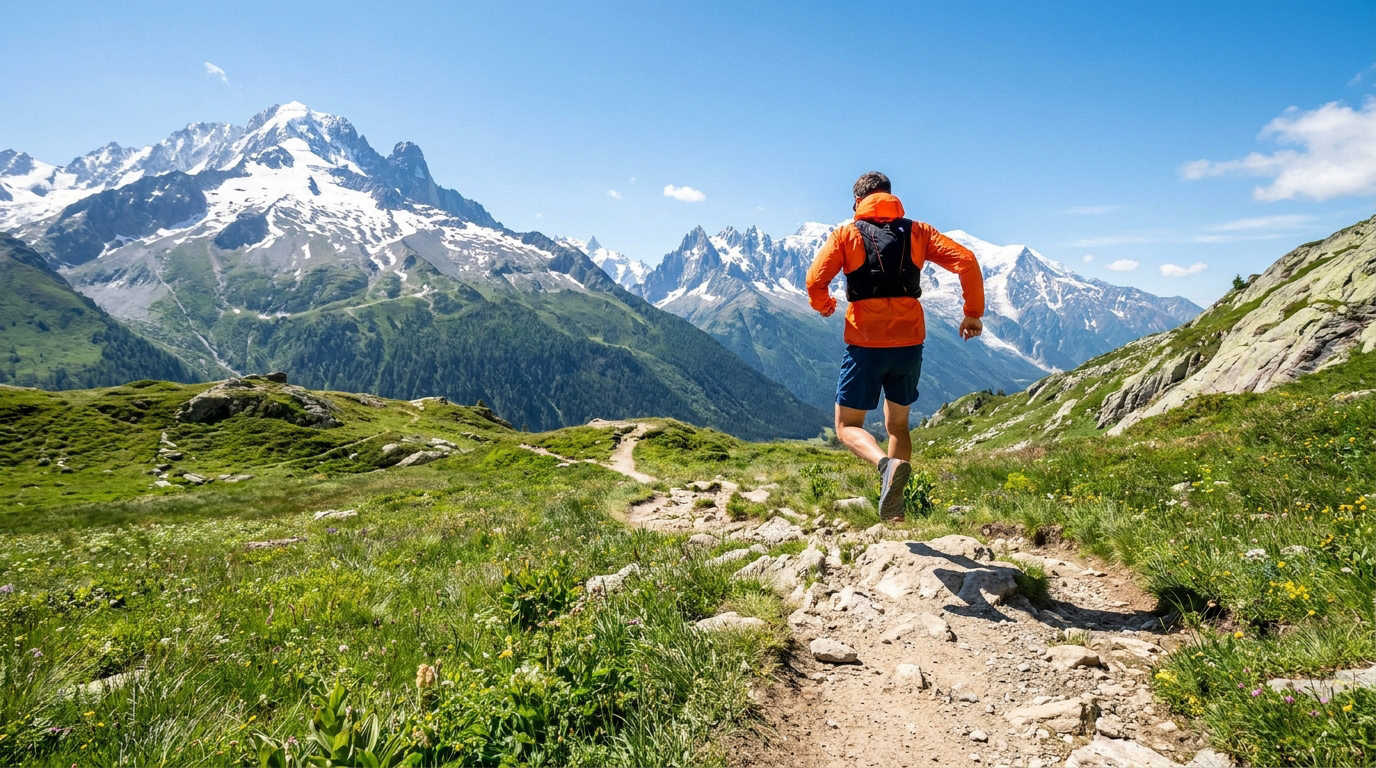Un traileur en veste orange court sur un sentier montagneux face au massif du Mont-Blanc sous un ciel bleu.