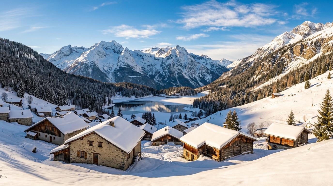 Chalets en bois enneigés au premier plan avec un lac gelé et des sommets montagneux majestueux en arrière-plan.