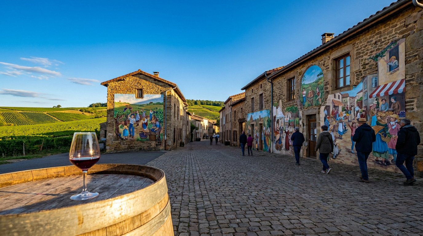 Un verre de vin rouge sur un tonneau avec en arrière-plan des maisons en pierre ornées de fresques et des vignobles.