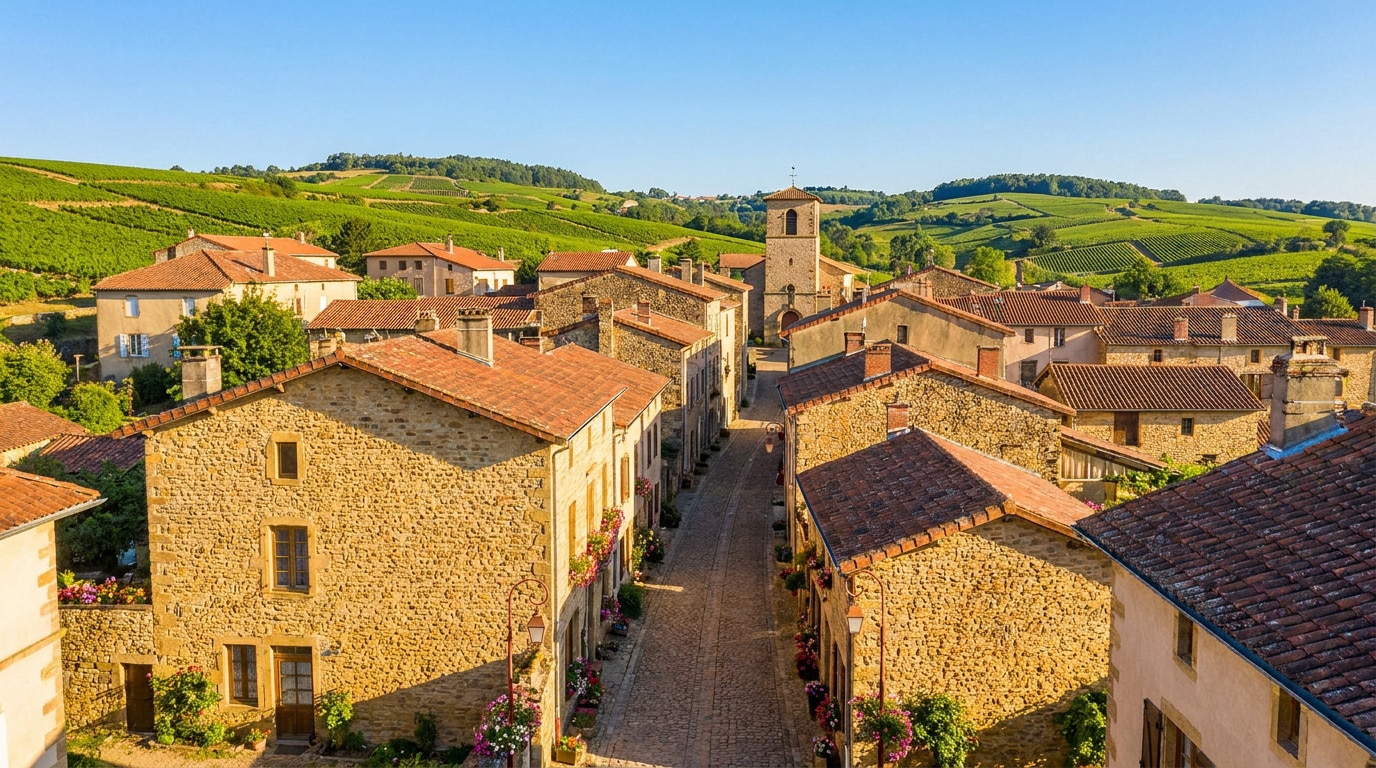 Vue panoramique ensoleillée des maisons en pierre et des vignobles de Vaux-en-Beaujolais, le village de Clochemerle.