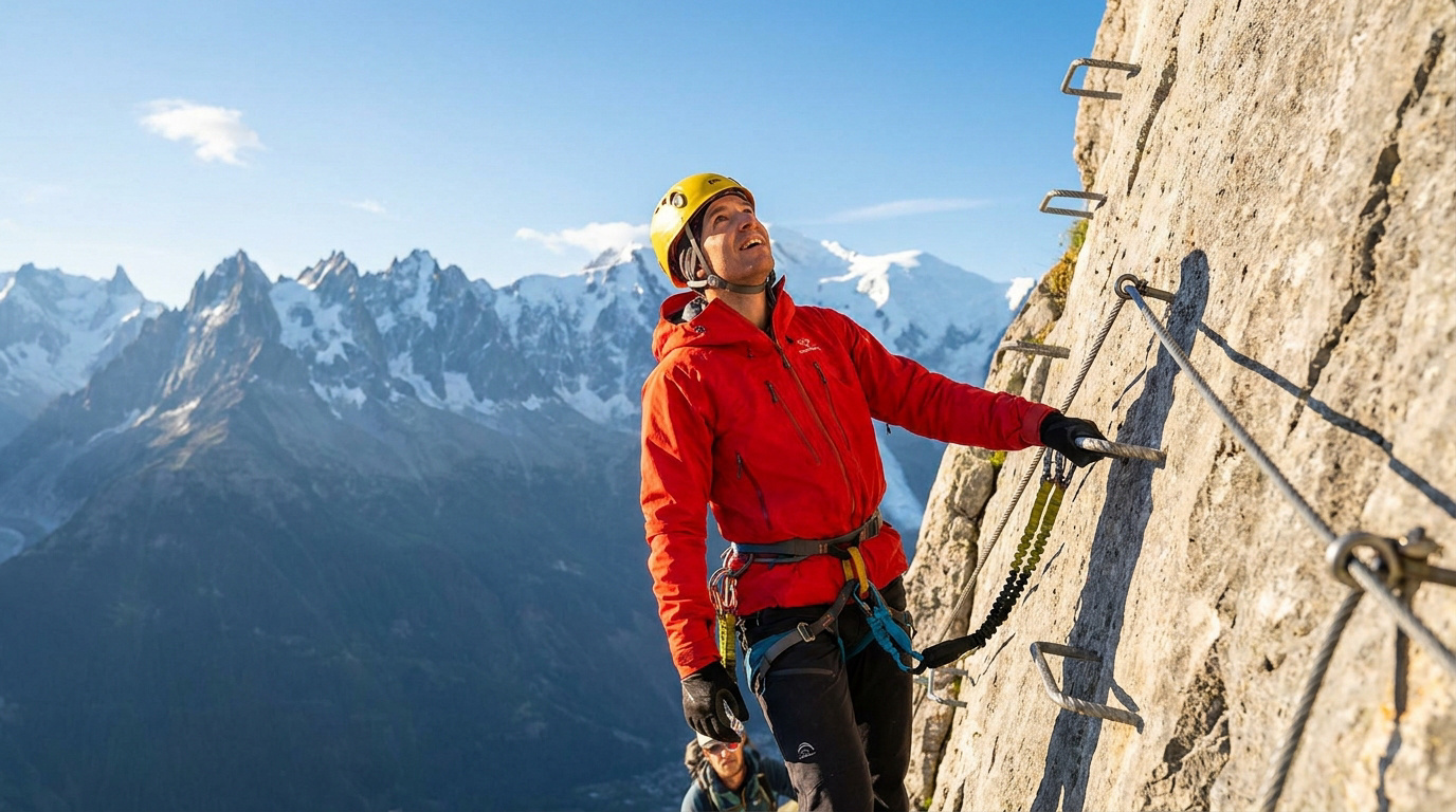 Grimpeur en via ferrata sur une paroi rocheuse, regardant vers le haut. Paysage alpin spectaculaire avec sommets enneigés.