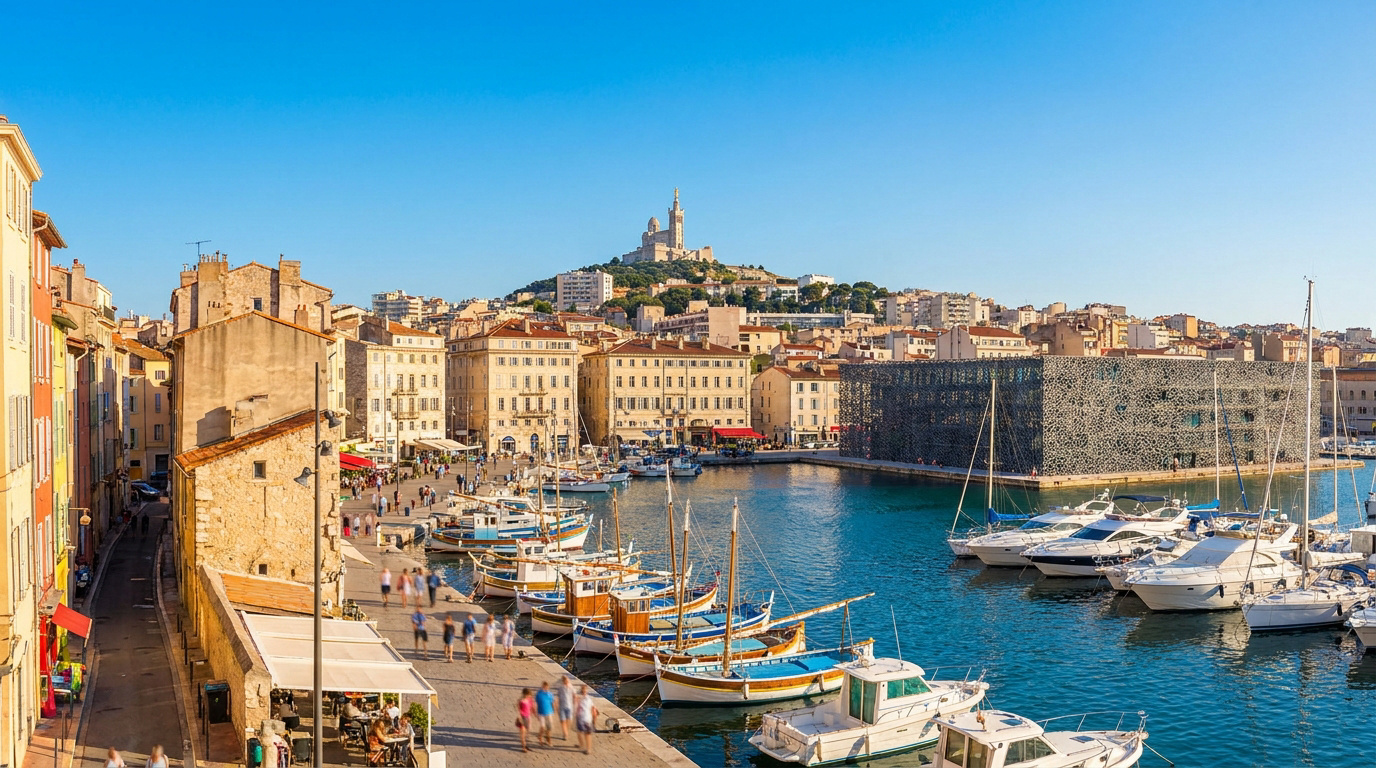 Vue panoramique du Vieux-Port de Marseille, avec des bateaux, des passants, le MuCEM et Notre-Dame de la Garde sur la colline.