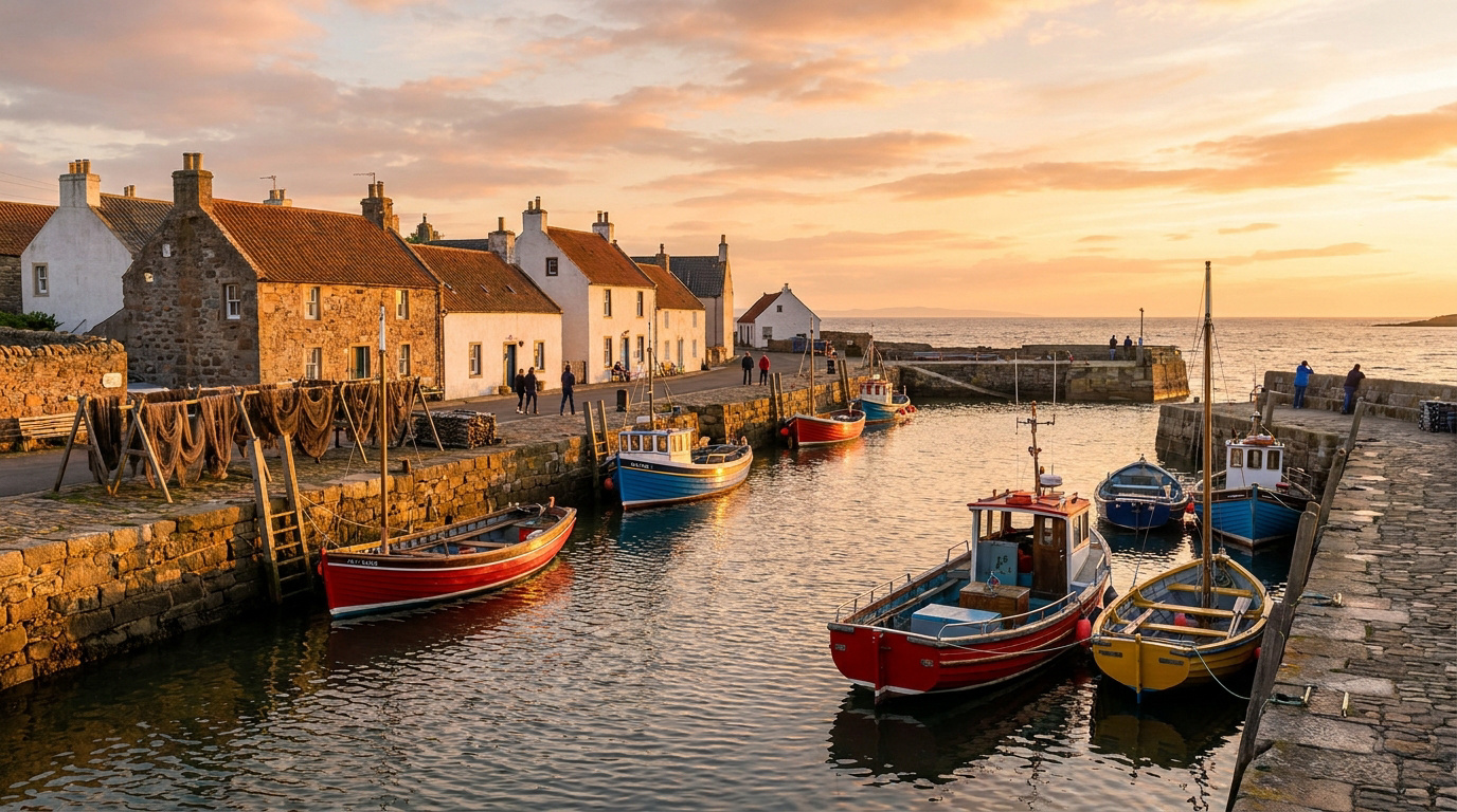Village de pêcheurs pittoresque au coucher du soleil. Bateaux colorés dans le port, maisons anciennes en pierre, quais et filets de pêche.