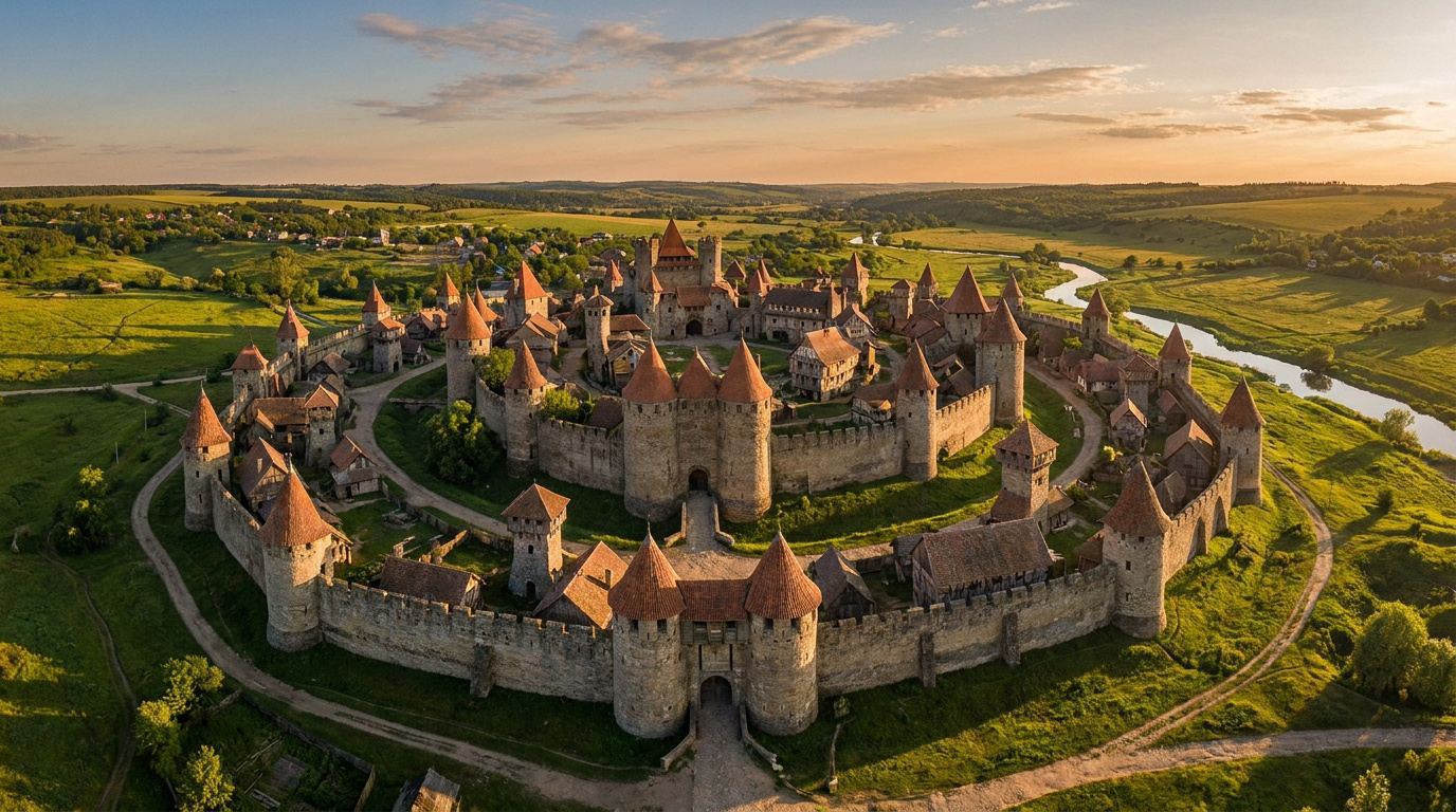 Vue aérienne d'une forteresse médiévale circulaire entourée de murs, de tours et d'un paysage verdoyant au coucher du soleil.