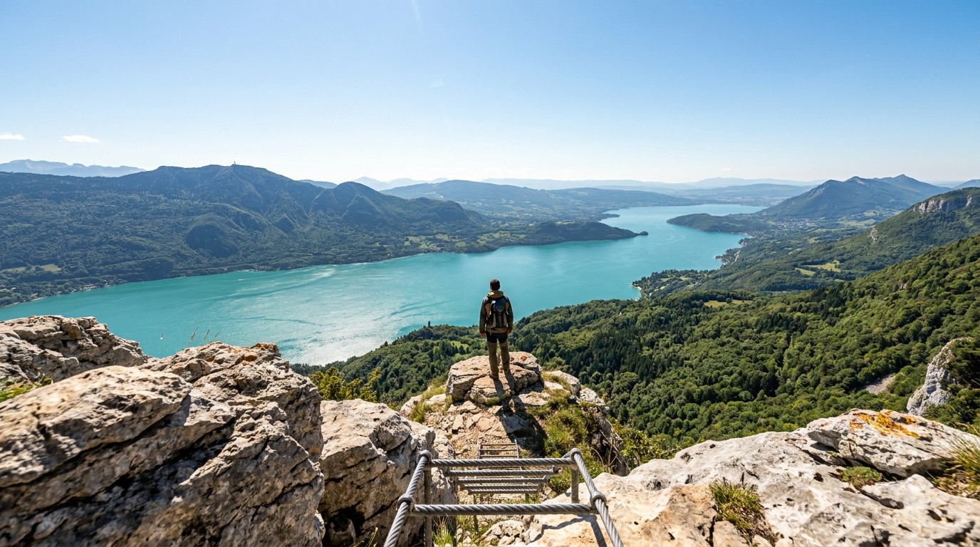 Un randonneur debout sur une falaise surplombant le lac du Bourget avec des montagnes en arrière-plan.