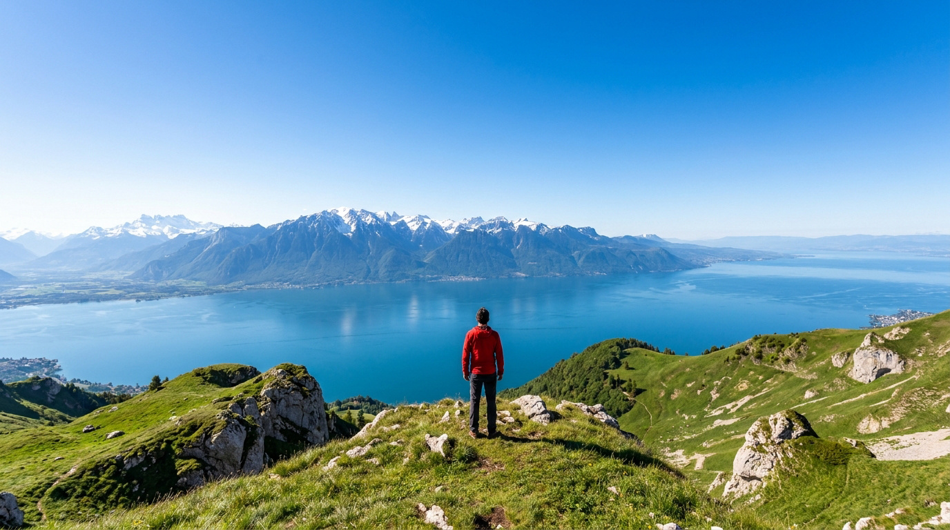 Un randonneur en veste rouge contemple le lac Léman et les Alpes depuis le sommet du mont Forchat.