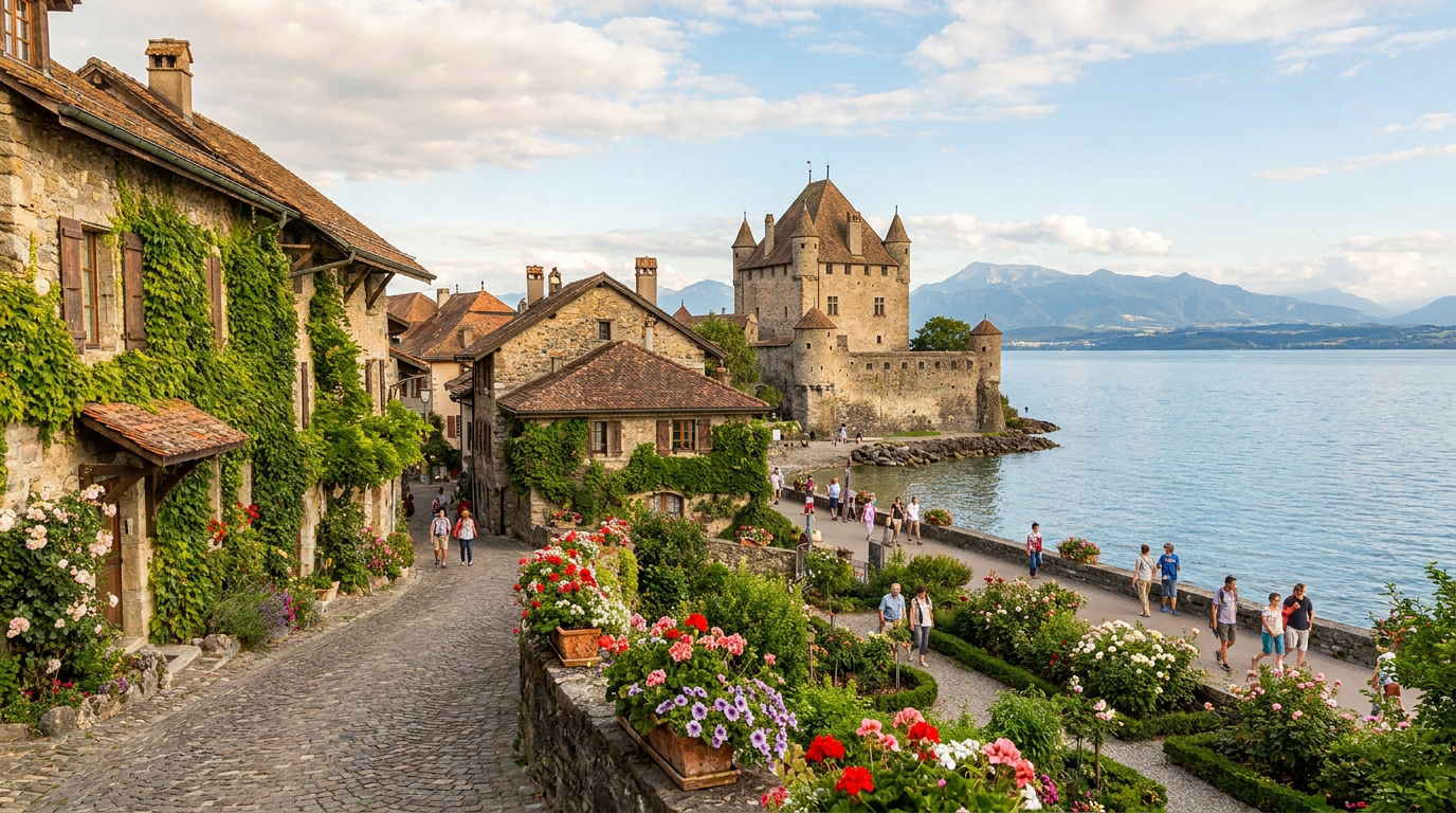 Village médiéval fleuri d'Yvoire avec son château surplombant les eaux bleues du lac Léman et les Alpes en arrière-plan.