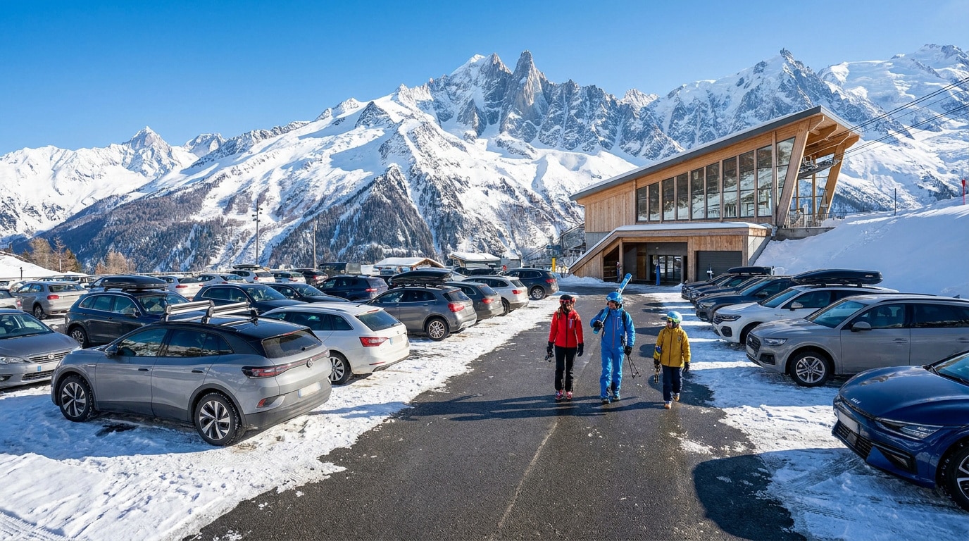 Skieurs marchant sur le parking enneigé au pied des remontées mécaniques du Brévent à Chamonix avec les Alpes en fond.