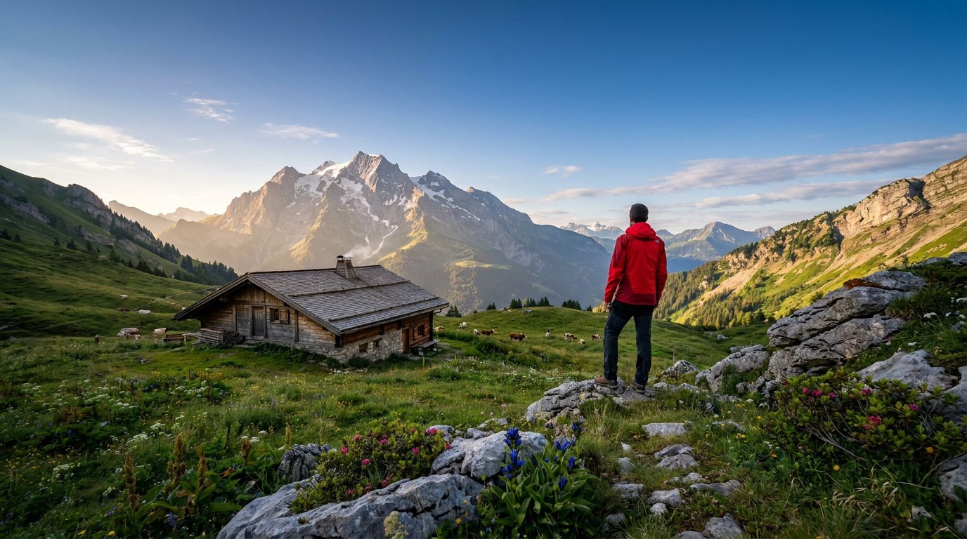 Un randonneur en veste rouge contemple un chalet en bois traditionnel face aux sommets enneigés des Aravis.