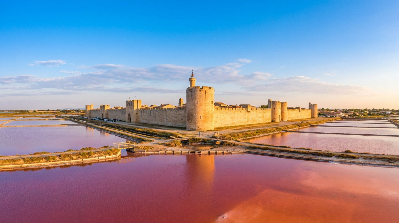 Les remparts médiévaux d'Aigues-Mortes entourés par les marais salants aux eaux roses sous un ciel bleu.