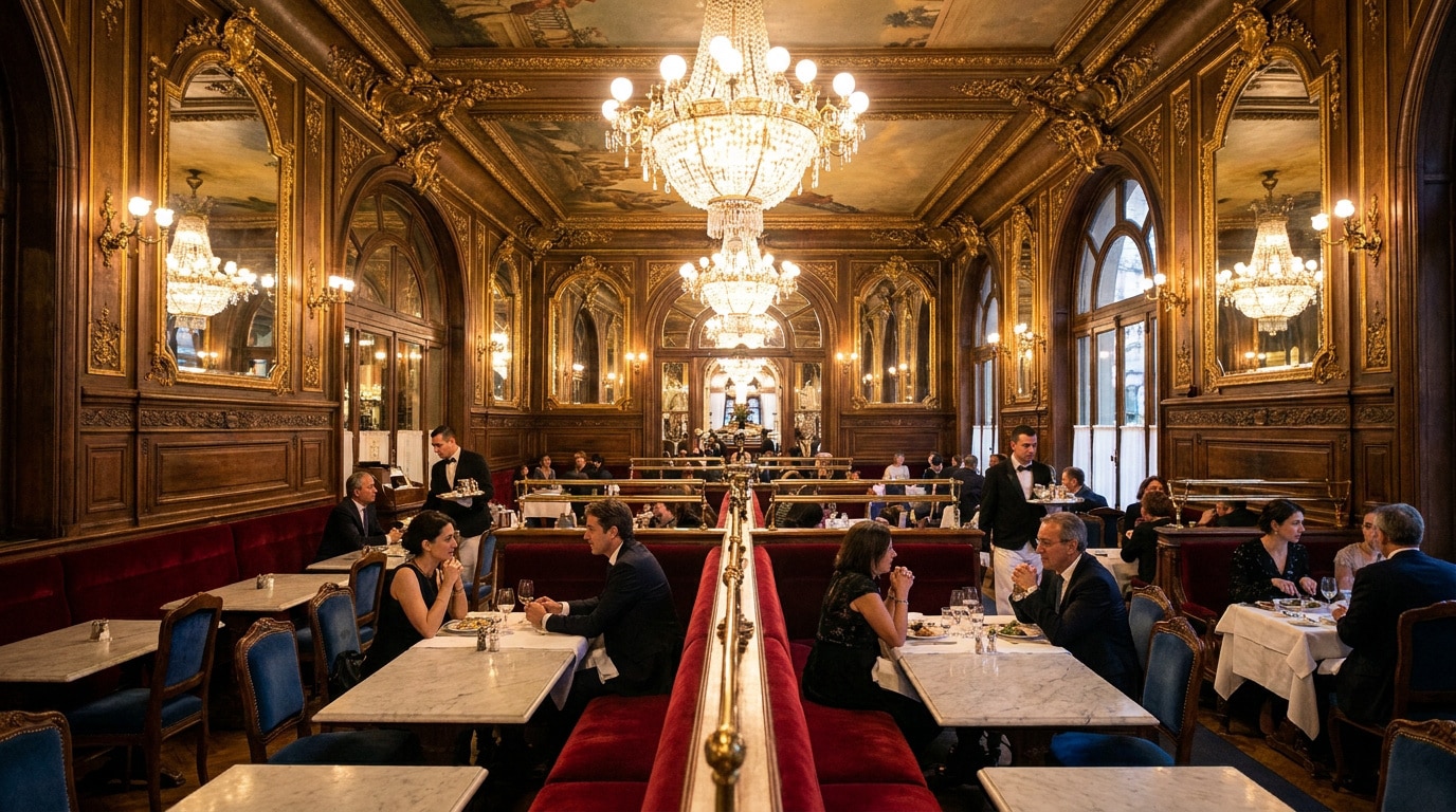 Intérieur luxueux de la Brasserie de la Paix avec lustres en cristal, boiseries dorées et banquettes en velours rouge.