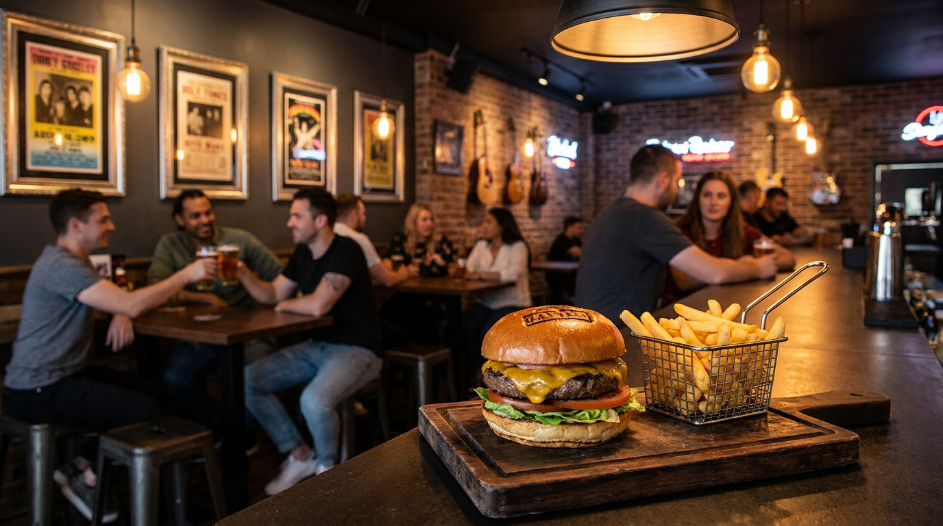 Un burger appétissant avec des frites sur un comptoir dans un bar rock au Puy, avec des clients en arrière-plan.