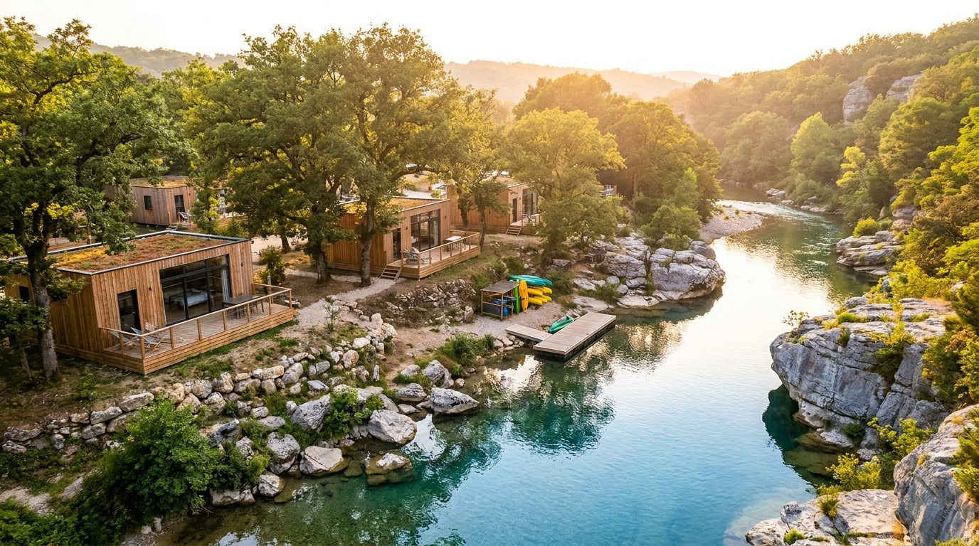 Mobil-homes en bois modernes au bord d'une rivière cristalline avec des kayaks, entourés par la forêt et des rochers.
