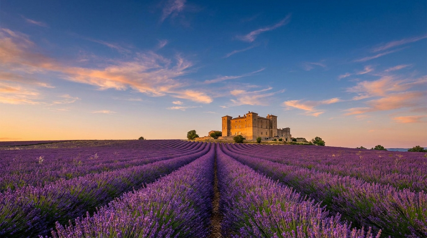Vaste champ de lavande en fleur menant à un château historique sous un ciel coloré au crépuscule.