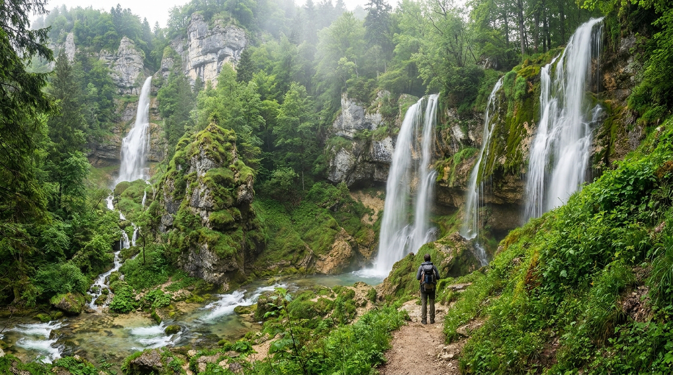 Un randonneur contemple les majestueuses cascades du cirque de Saint-Même dans un écrin de verdure.