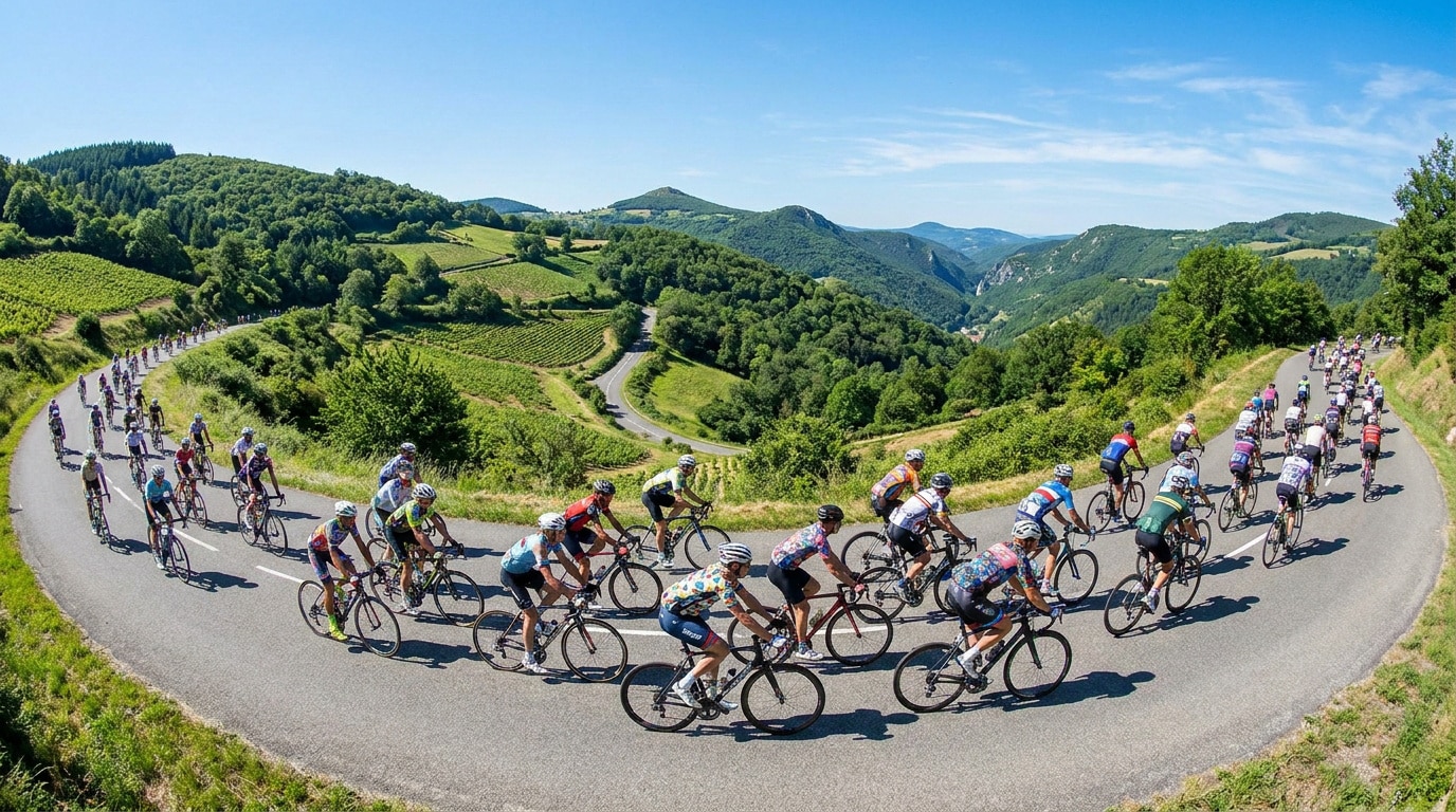 Un grand peloton de cyclistes en maillots colorés gravit un virage en épingle dans un paysage vallonné et verdoyant.
