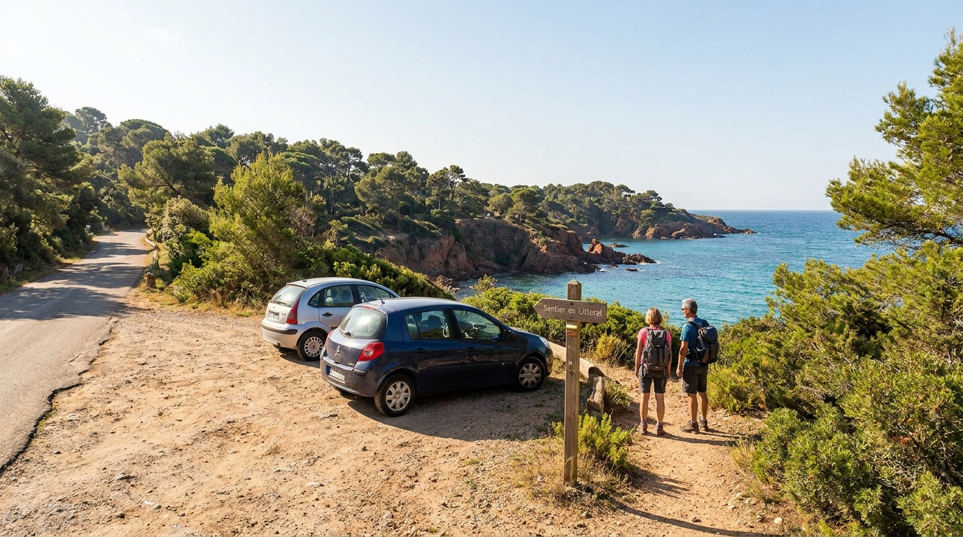 Un couple de randonneurs devant un panneau indiquant le sentier du littoral sur un parking de la presqu'île de Giens.