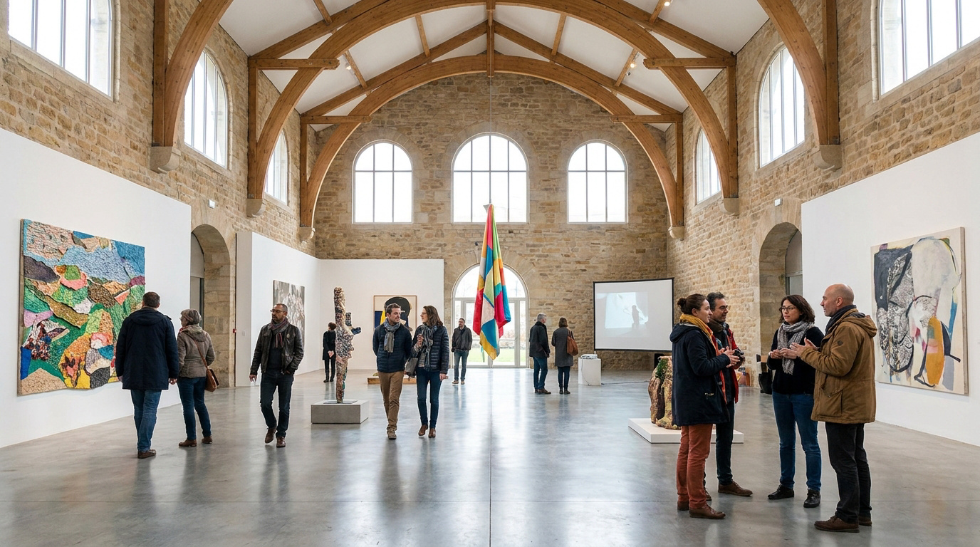 Visiteurs déambulant dans la grande salle voûtée du Frac Auvergne parmi des œuvres d'art contemporain.
