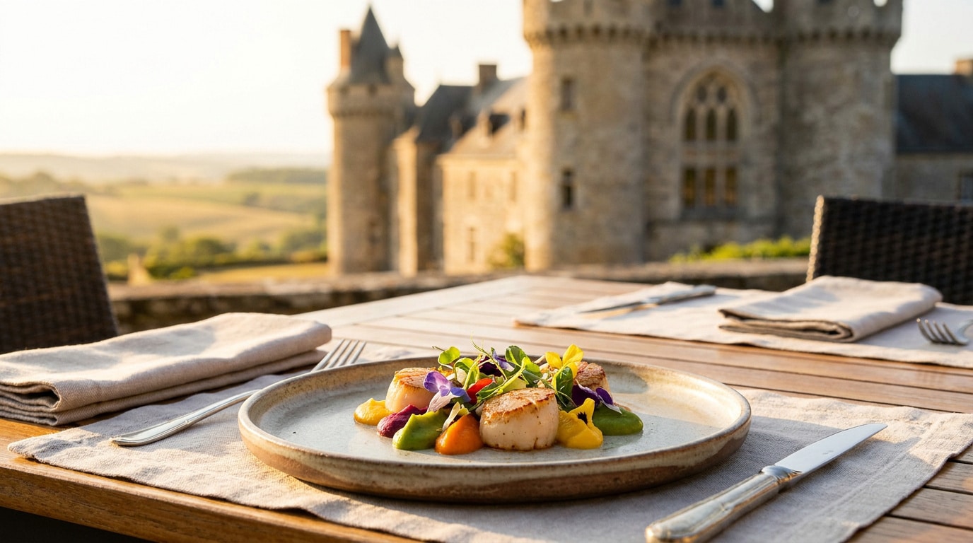 Une assiette de noix de Saint-Jacques dressée sur une table en terrasse avec en arrière-plan un château au coucher du soleil.