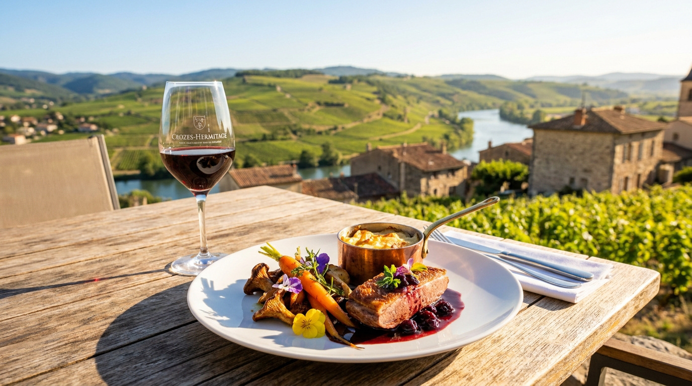 Assiette gastronomique et verre de vin rouge face aux vignobles et au Rhône à Tain-l'Hermitage.