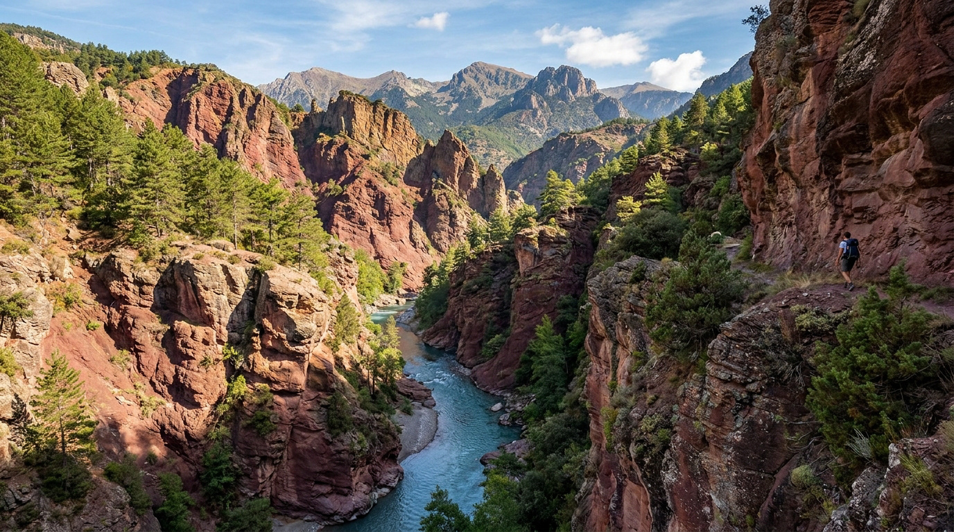 Randonneur sur un sentier surplombant la rivière aux eaux turquoise entre les roches rouges des gorges du Cians.