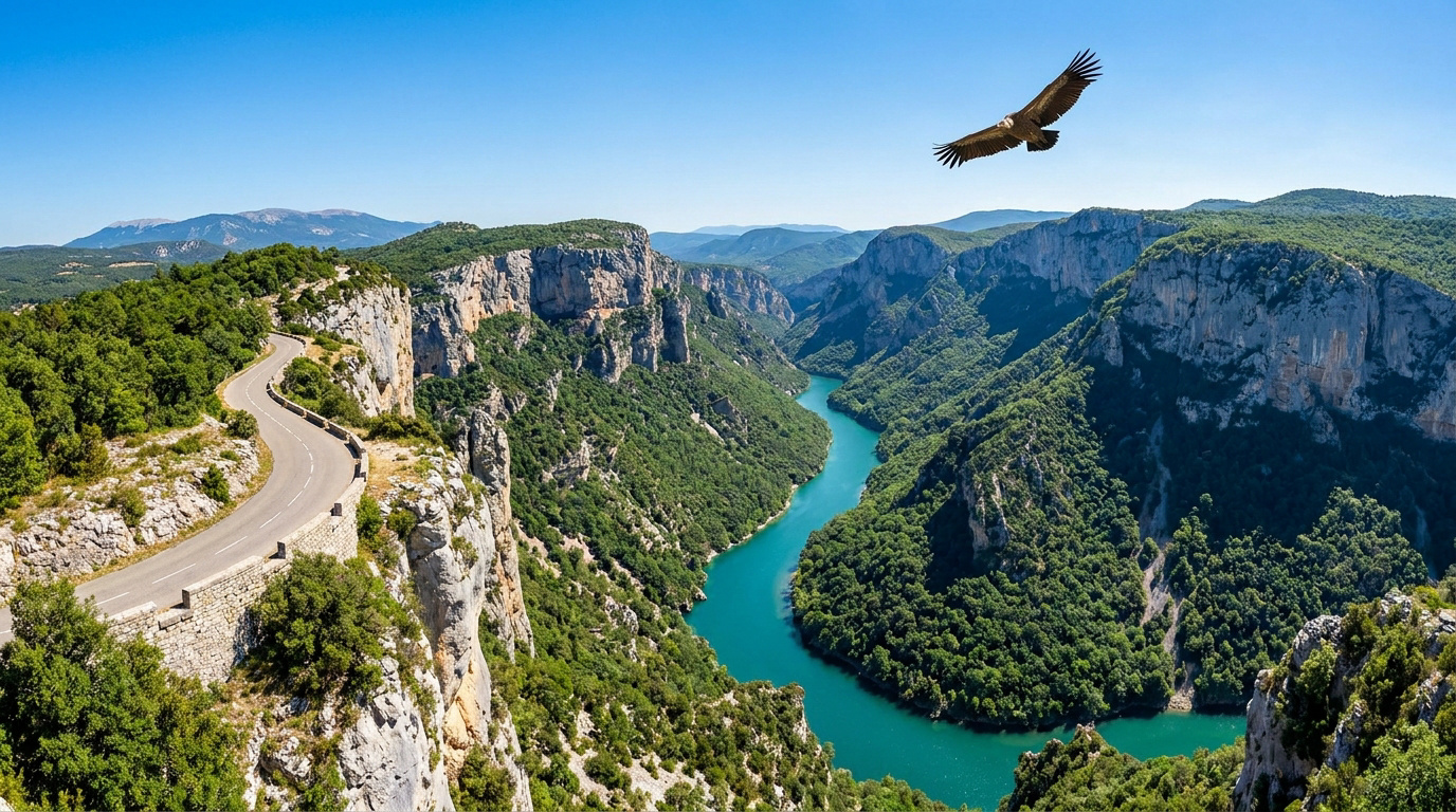 Un vautour survole les Gorges du Verdon et la route panoramique sinueuse au-dessus d'une rivière turquoise.