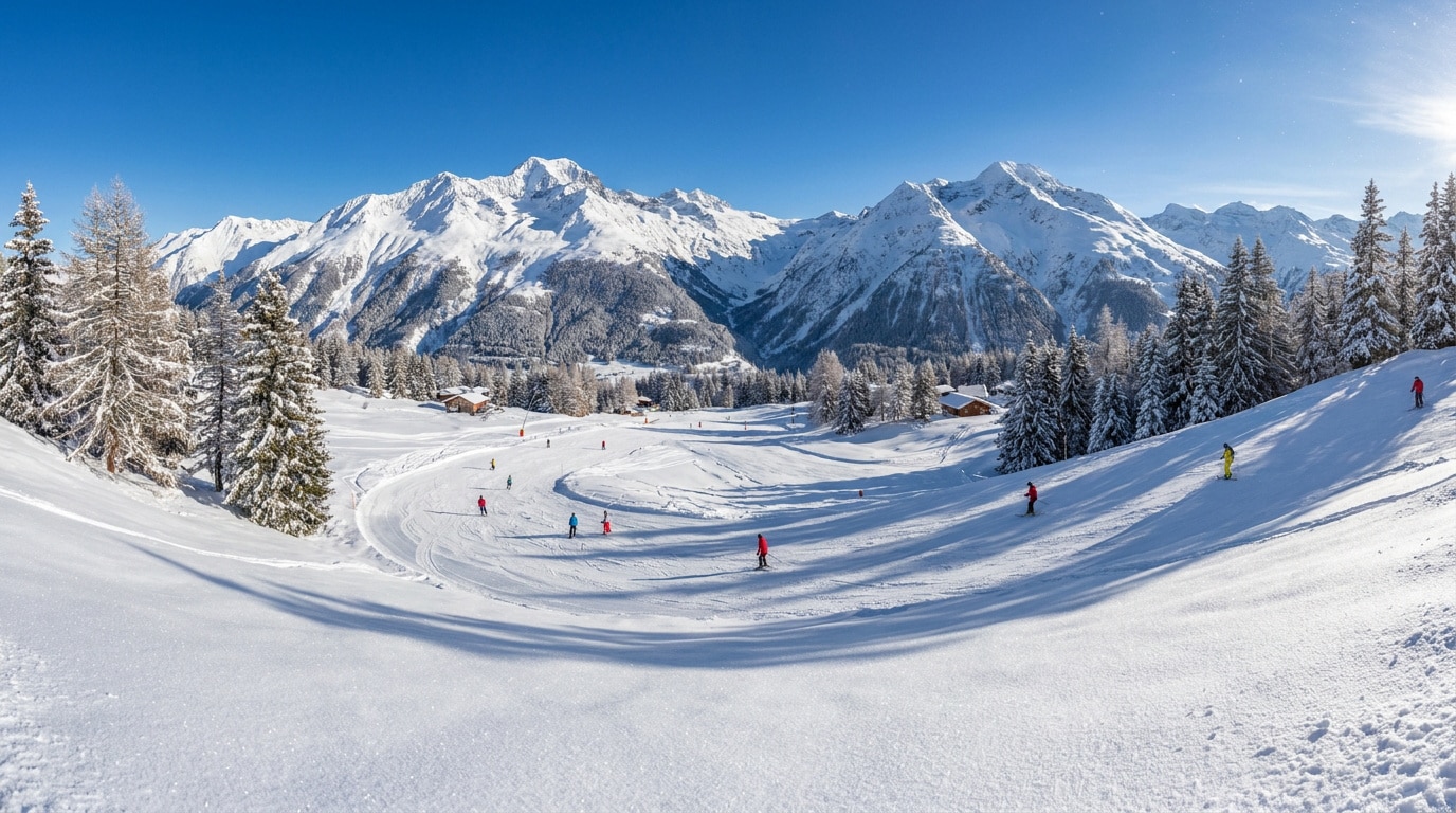 Skieurs sur une piste enneigée en Haute Maurienne avec des sommets alpins en arrière-plan sous un ciel bleu.