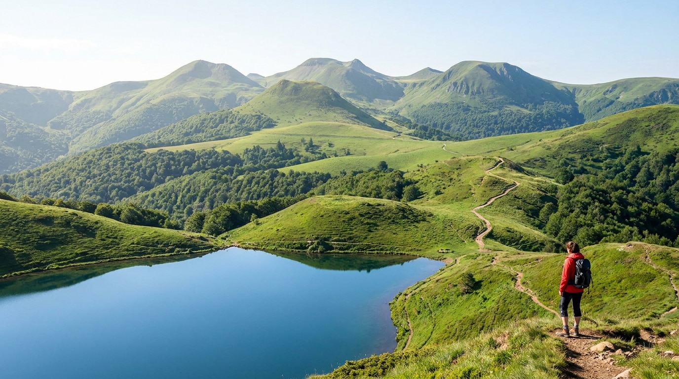 Une randonneuse sac au dos observe un lac de montagne entouré de collines verdoyantes et de volcans en Auvergne.