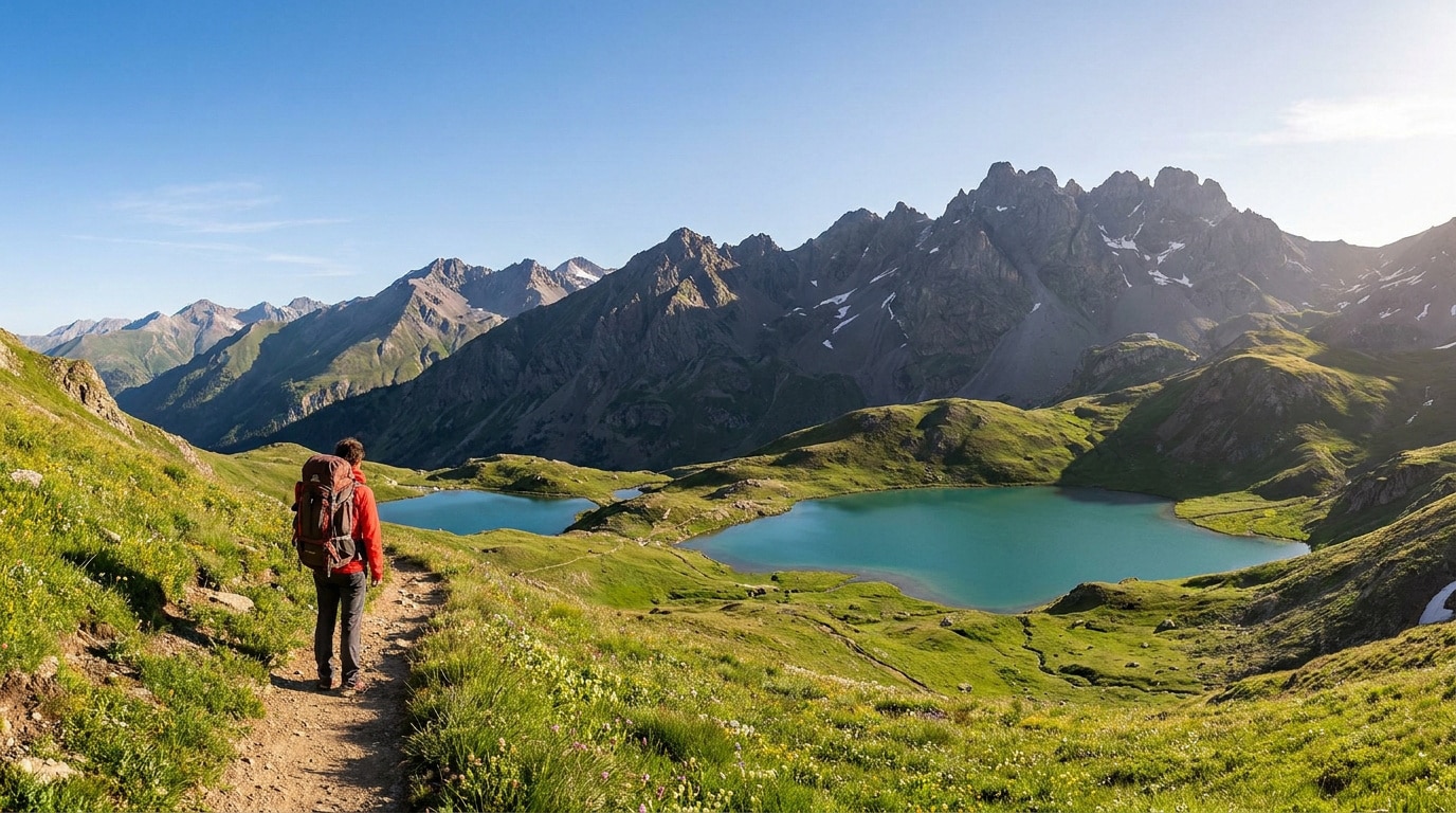 Randonneur avec un sac à dos face aux lacs Miroir et Sainte-Anne dans les Alpes sous un ciel bleu.