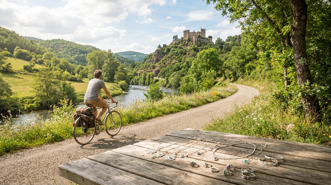 Un cycliste roule sur un chemin en bord de rivière avec un château en arrière-plan et des bijoux sur une table.