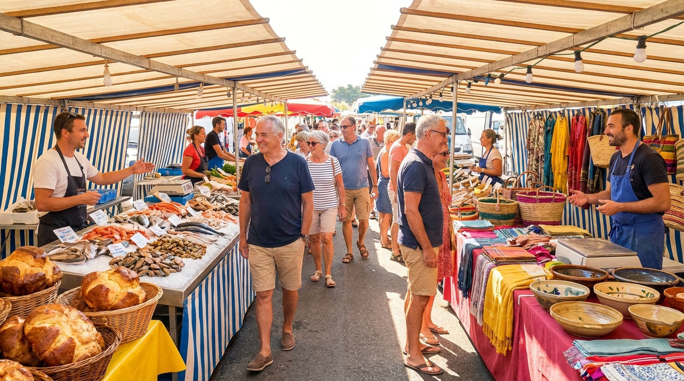 Vue d'une allée de marché avec des étals de poissons et d'artisanat, sous des toiles rayées, entourée de clients.