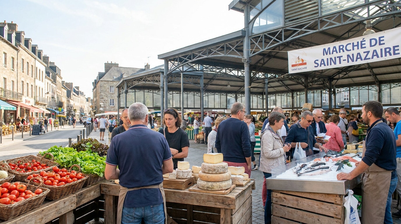 Stands de fromages et poissons sous les halles du marché de Saint-Nazaire avec des clients en arrière-plan.