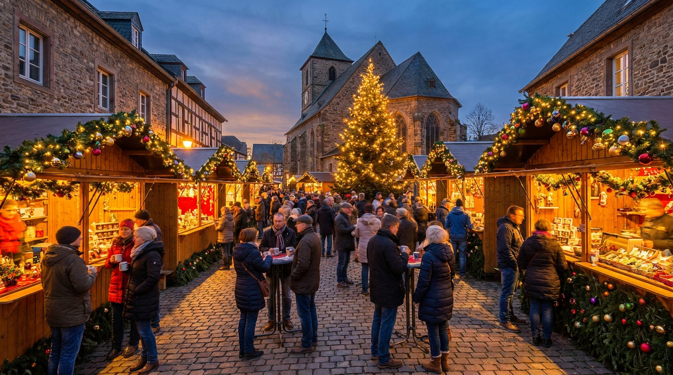 Marché de Noël traditionnel avec chalets en bois illuminés, foule et grand sapin devant une église en pierre au crépuscule.
