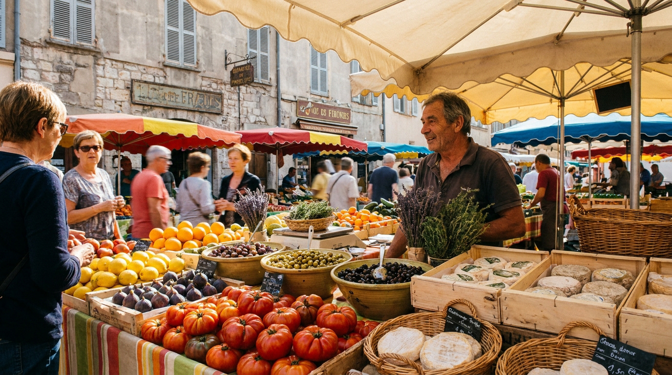 Un commerçant souriant présente ses produits locaux, fromages et légumes, sur un étal coloré au marché de Fréjus.