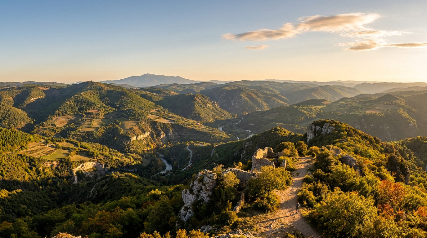 Vue panoramique des montagnes des Cévennes au coucher du soleil avec une randonneuse sur un sentier près de ruines.