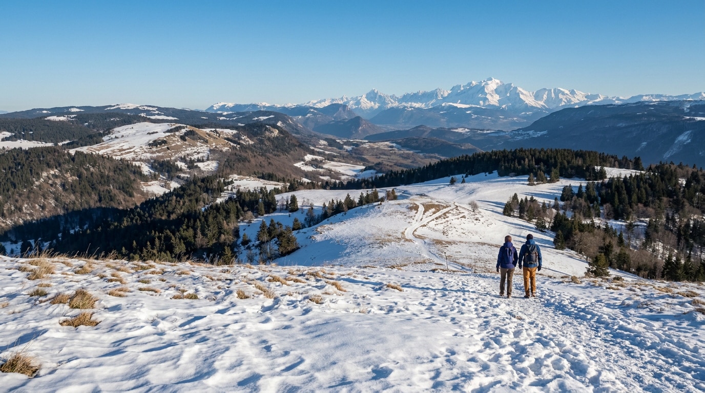 Deux randonneurs marchent sur un sentier enneigé face au massif du Mont-Blanc sous un ciel bleu dégagé.