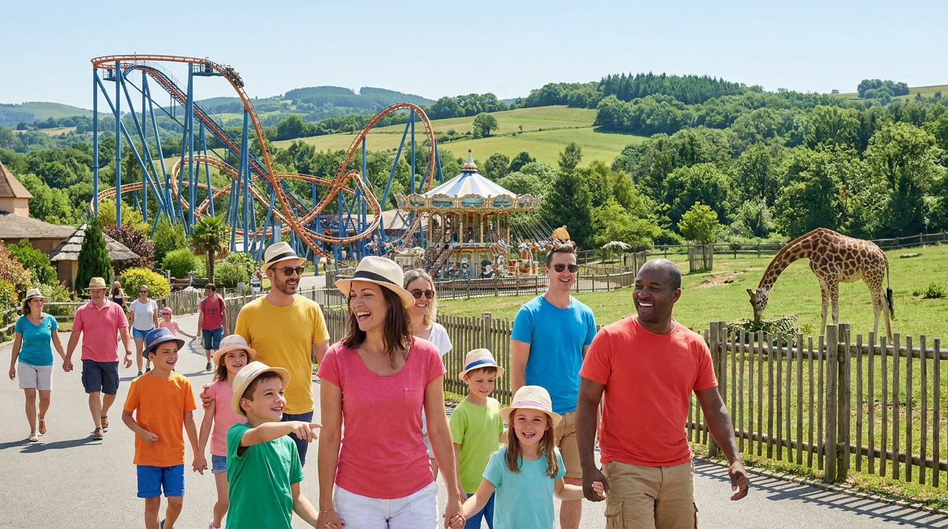 Groupe de familles souriantes marchant dans le parc Le Pal avec des montagnes russes et une girafe en arrière-plan.