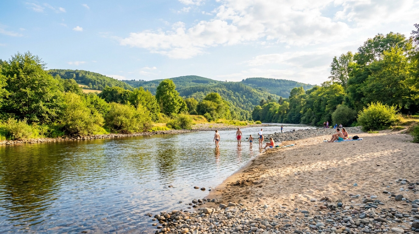 Personnes se relaxant et se baignant au bord de la Loire sur une plage de galets entourée d'une forêt verdoyante.